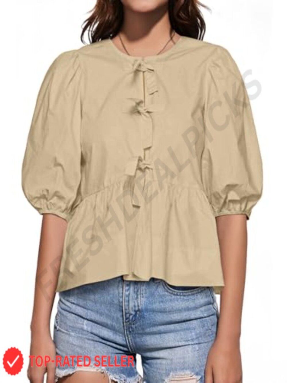 Womens 100% Cotton Tie Front Peplum Blouse Puff Sleeve Babydoll Top